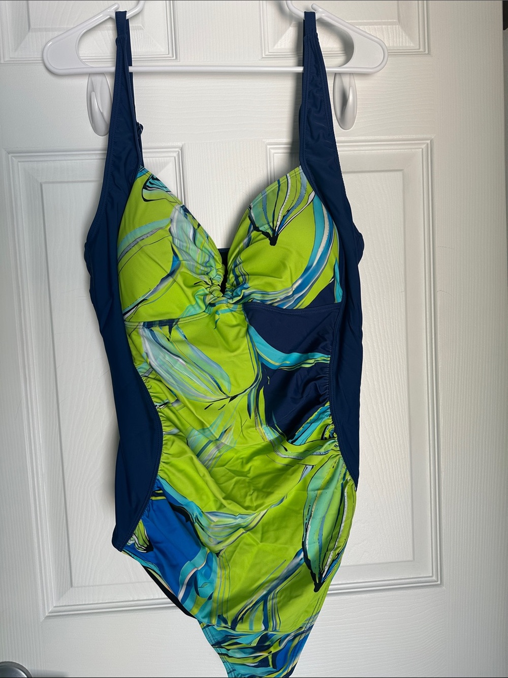 Navy & Lime Floral-Print One-Piece Swimsuit — Supportive Ruched Front